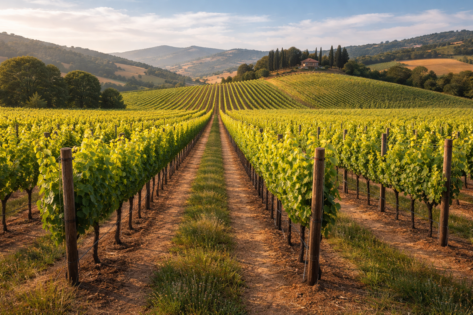 Rows of grapevines on trellises stretch across rolling hills in an agricultural vineyard landscape.
