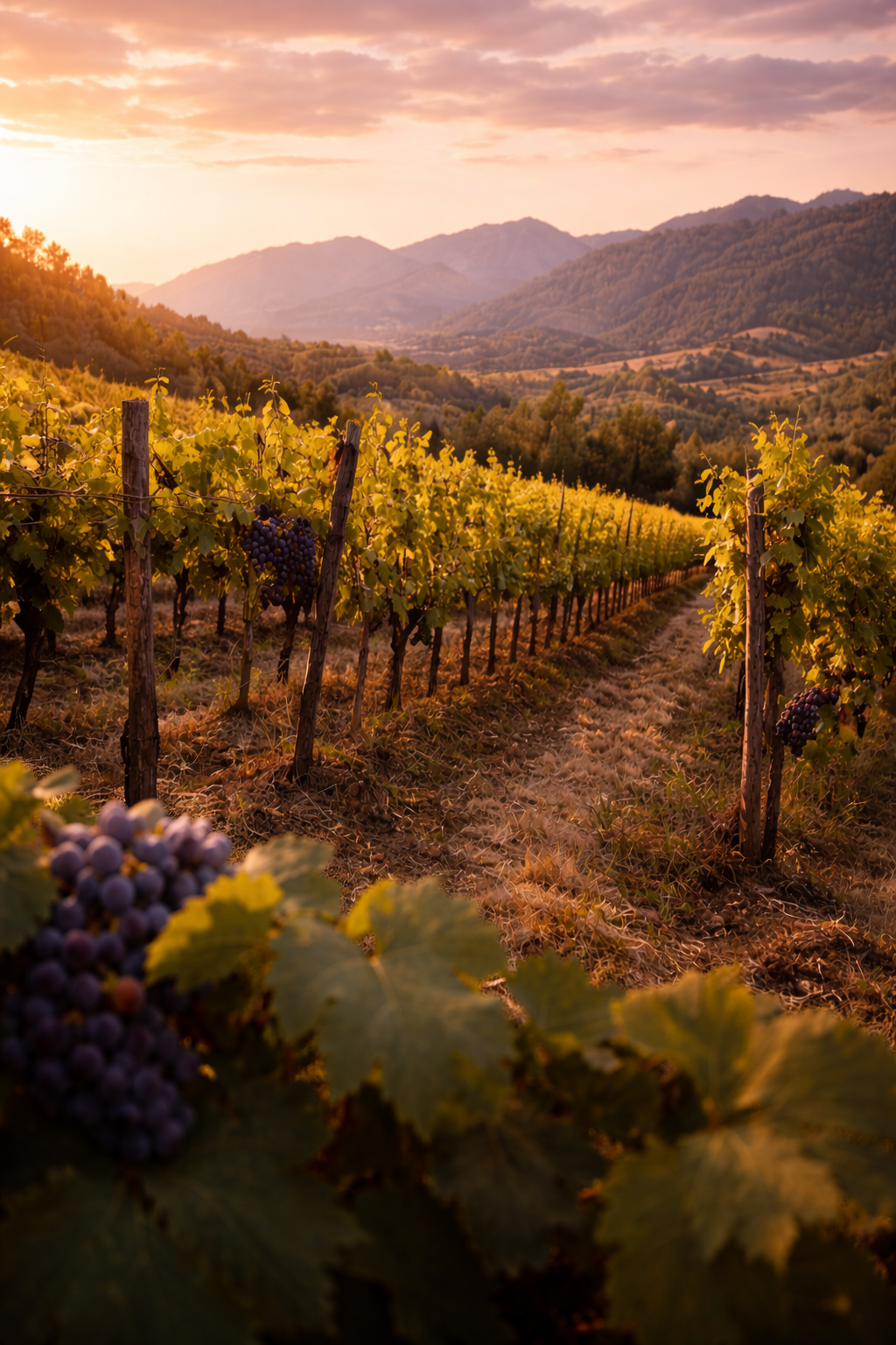 Rows of grapevines stretch across a hillside vineyard in the Yucaipa Valley, with mountains in the background under a warm sunset sky.