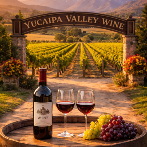 Yucaipa Valley vineyard at sunset with wine bottle, glasses, and grapes, representing the Wine Industry Coalition of Yucaipa Valley and local Southern California winemaking.